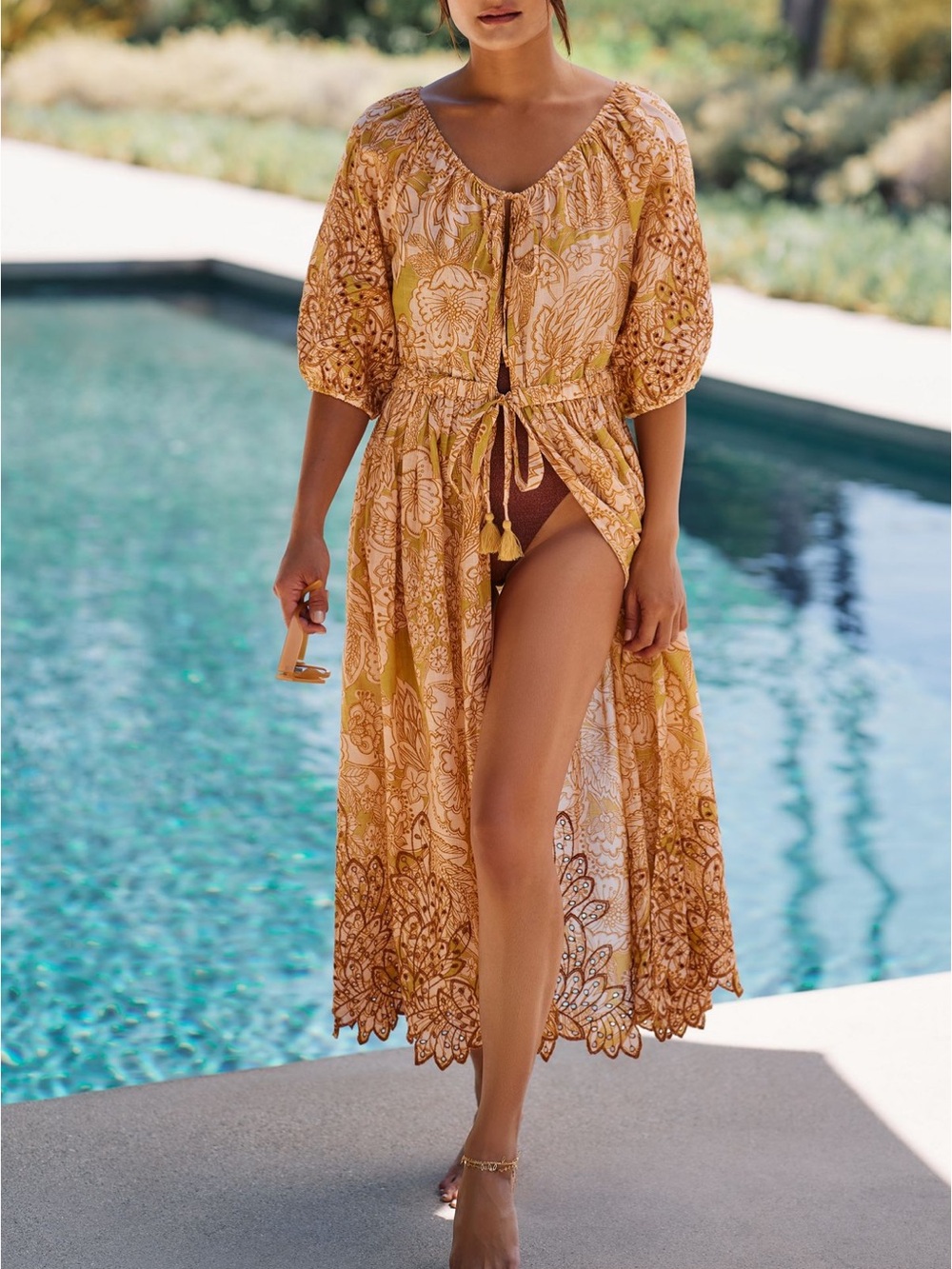 Anthropologie Mustard Floral Tie-Waist Swim Coverup